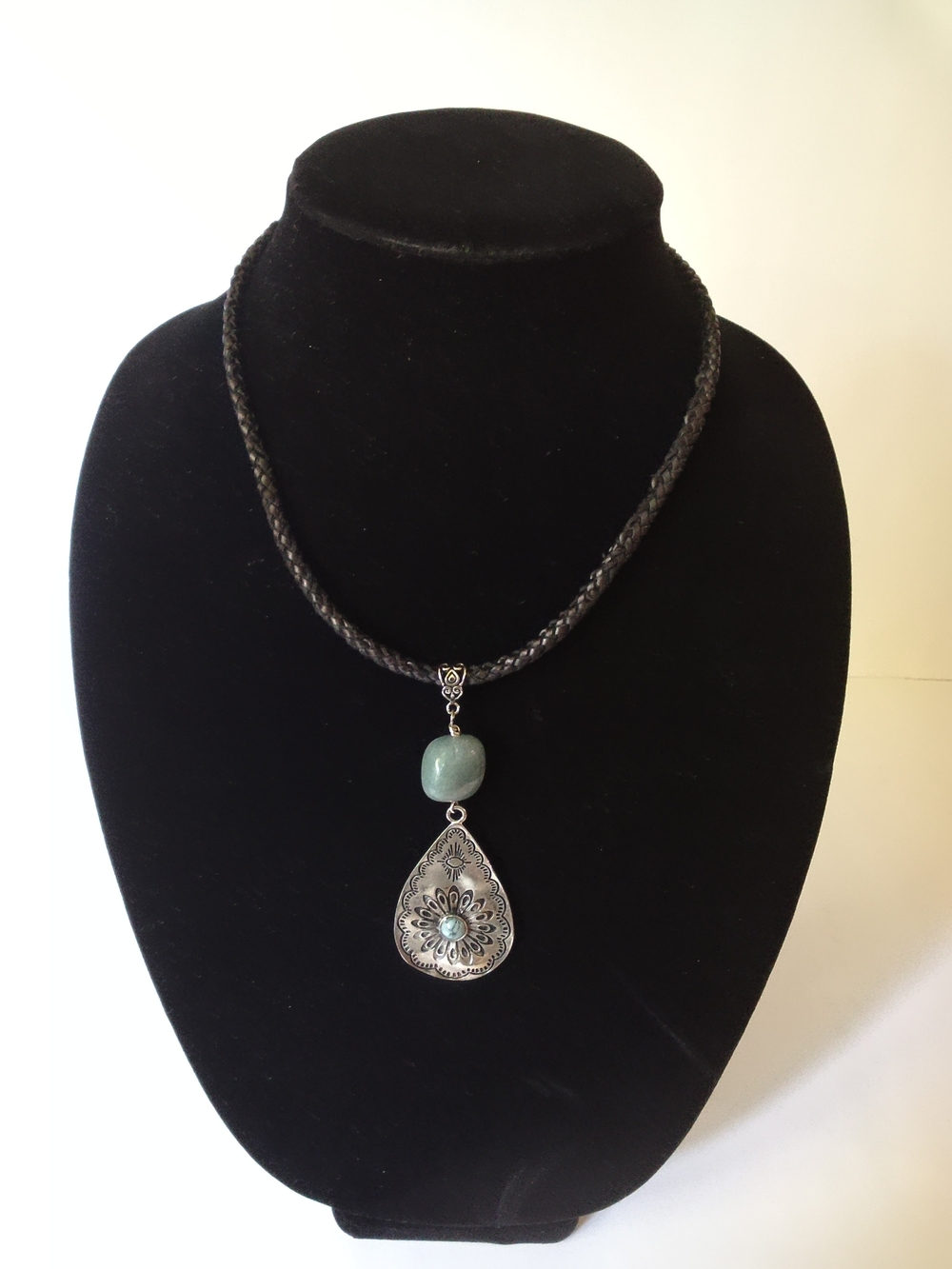 Braided Black Leather Cord Necklace with Green Stone and Silver Teardrop Pendant